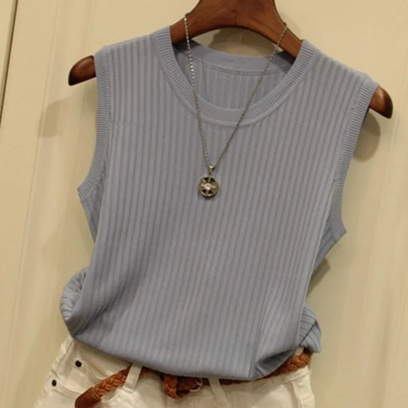1pcs Summer New Fashion Knitted Vests O-neck Sleeveless Casual Thin