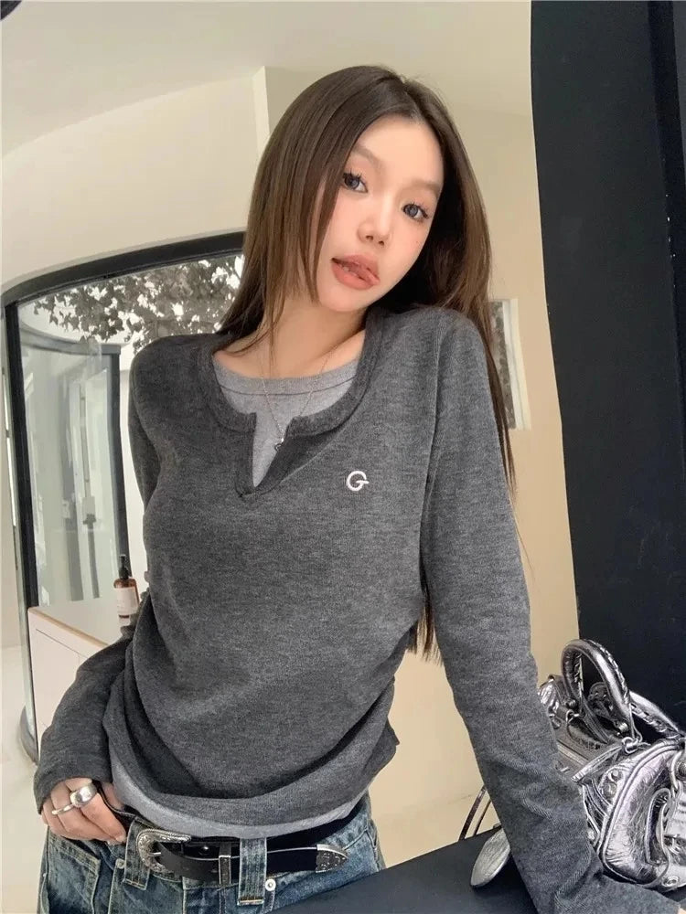 2024 Autumn Winter Long Sleeves Korean Fashion Style O-neck Tshirt For