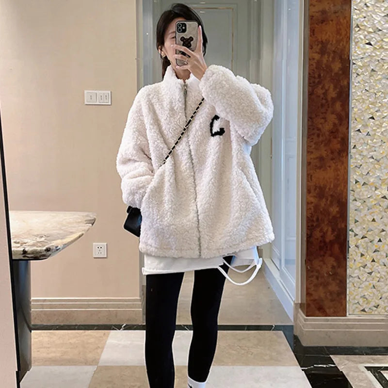 2024 Autumn Winter Fleece Fluffy Jacket Streetwear Zipper Coat Women