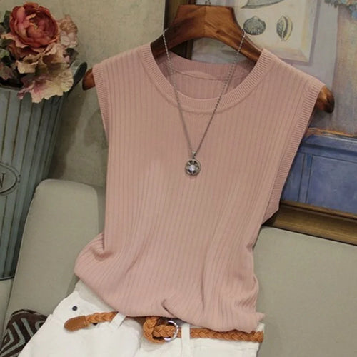 1pcs Summer New Fashion Knitted Vests O-neck Sleeveless Casual Thin