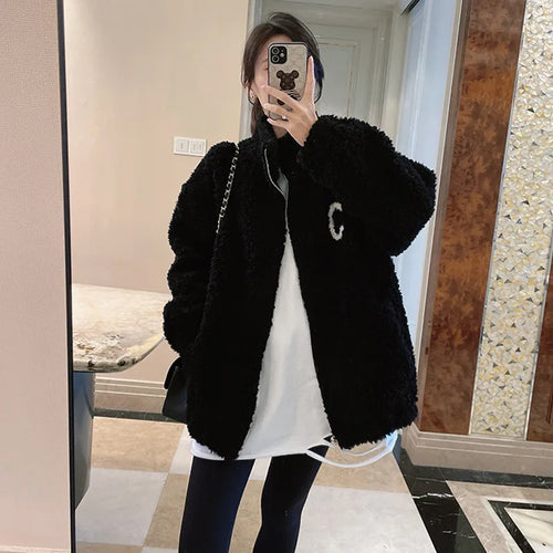 2024 Autumn Winter Fleece Fluffy Jacket Streetwear Zipper Coat Women