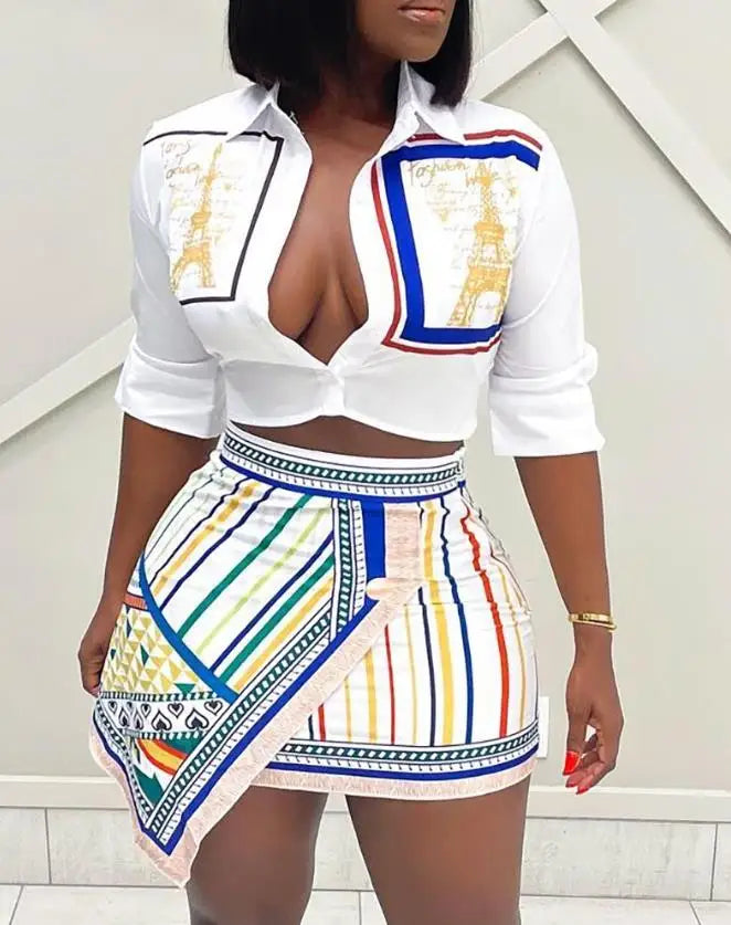 2022 new women's two piece sets Casual Elegant Graphic Print Buttoned