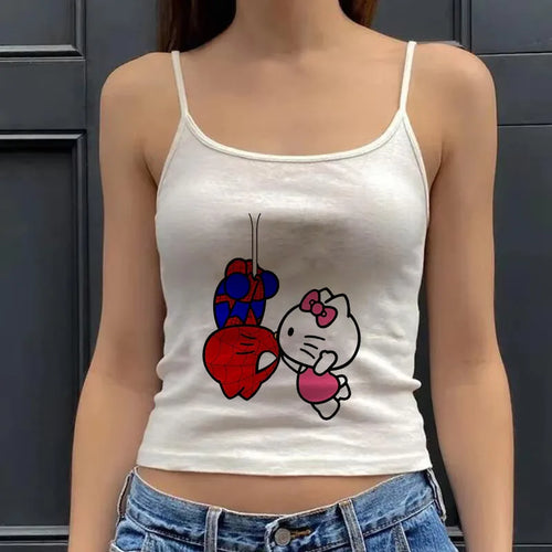 2000s Tops Emo Girls Camisole Tops Hello Kitty Print Grunge Crop Tops