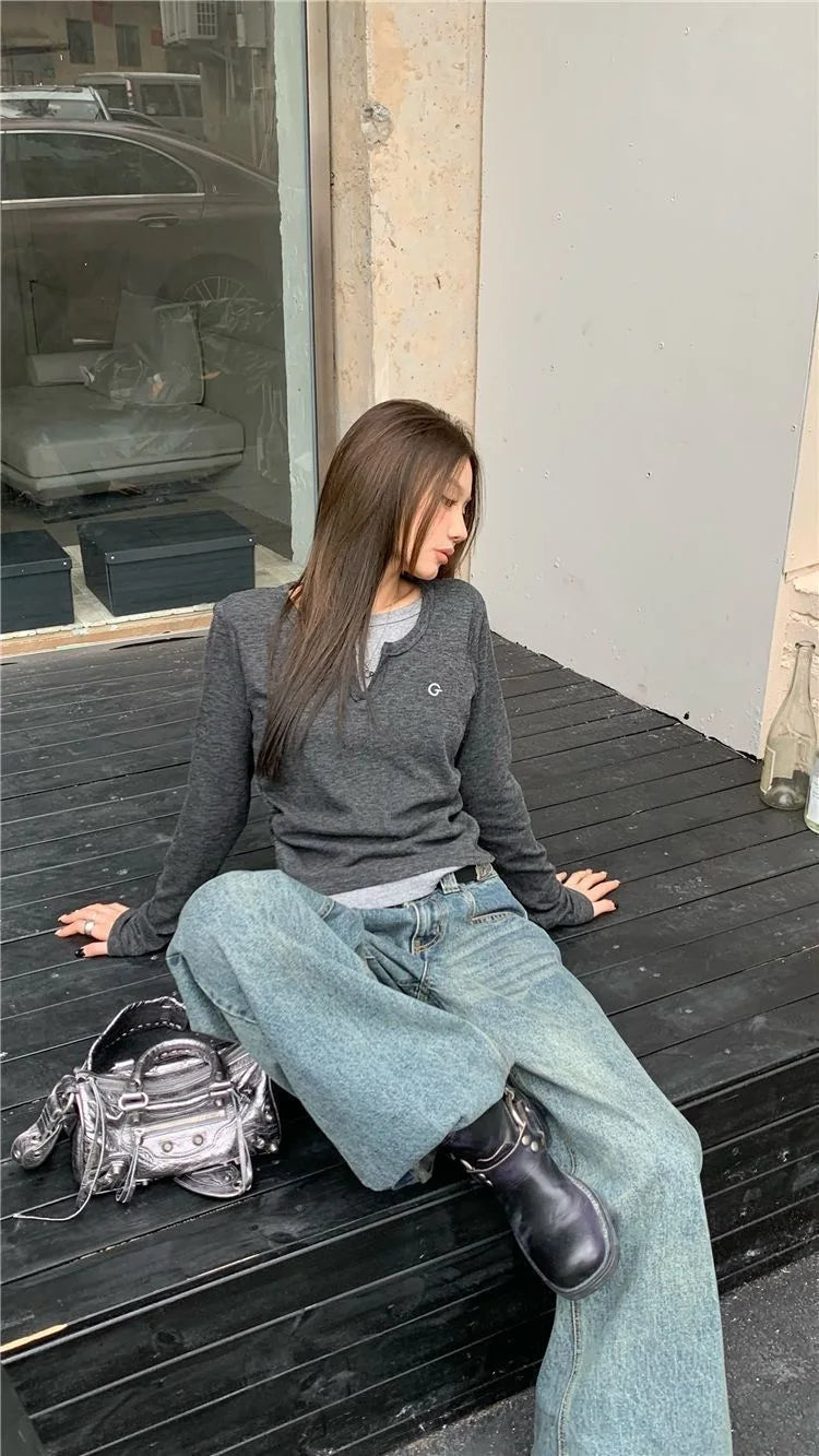 2024 Autumn Winter Long Sleeves Korean Fashion Style O-neck Tshirt For