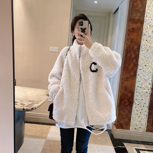 2024 Autumn Winter Fleece Fluffy Jacket Streetwear Zipper Coat Women