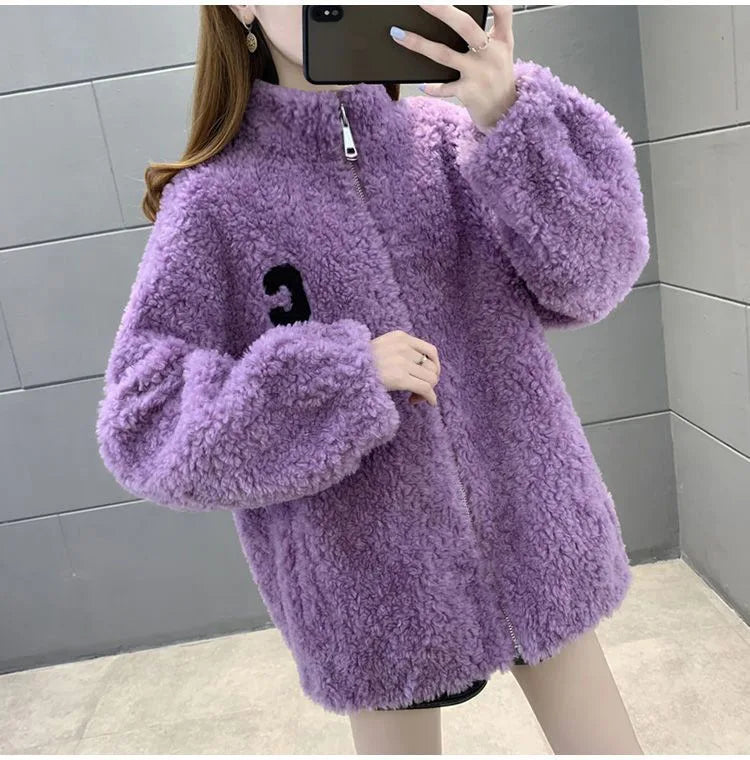 2024 Autumn Winter Fleece Fluffy Jacket Streetwear Zipper Coat Women