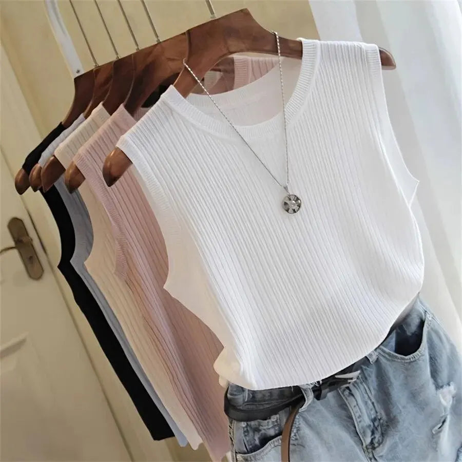 1pcs Summer New Fashion Knitted Vests O-neck Sleeveless Casual Thin