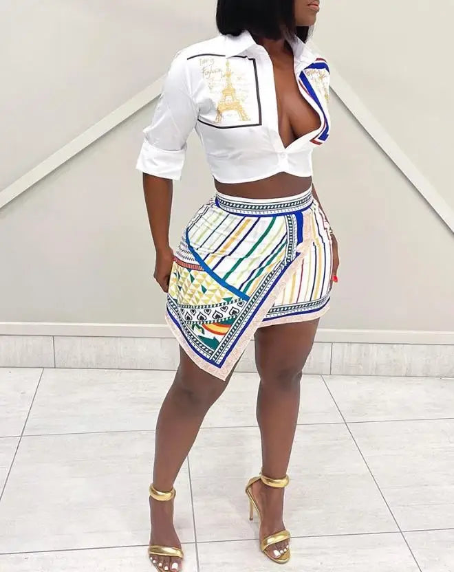 2022 new women's two piece sets Casual Elegant Graphic Print Buttoned